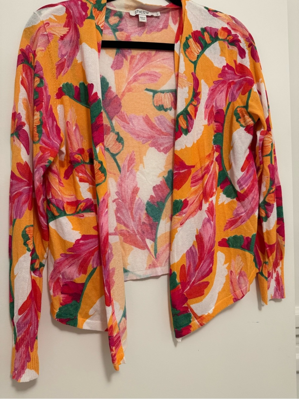 Chico's Open-Front Floral Cardigan in Orange, Pink, Green, White